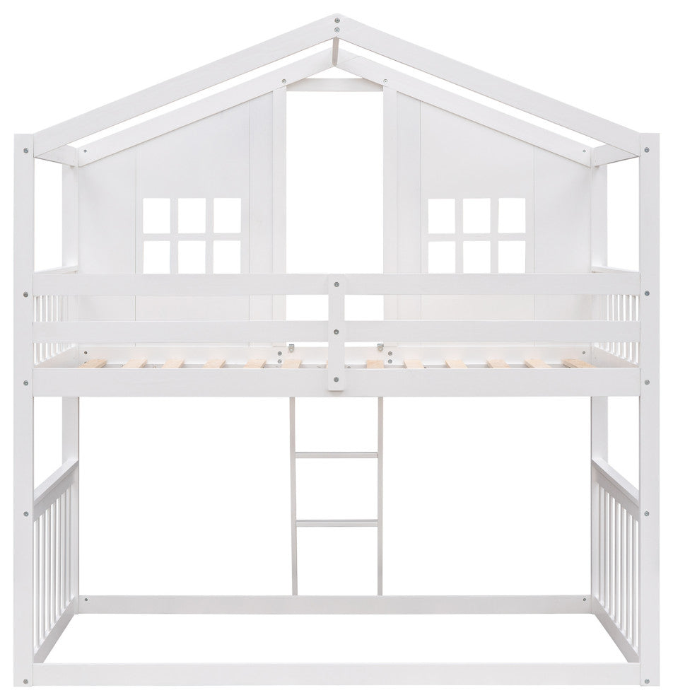 Gewnee Wood Twin Over Twin House Bunk Bed With Ladder in White