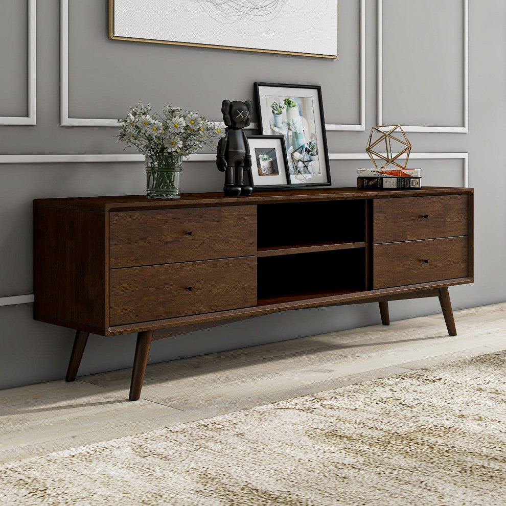 Noak Mid-Century Modern Solid Wood TV Stand With 6 Storage Cabinet, Walnut