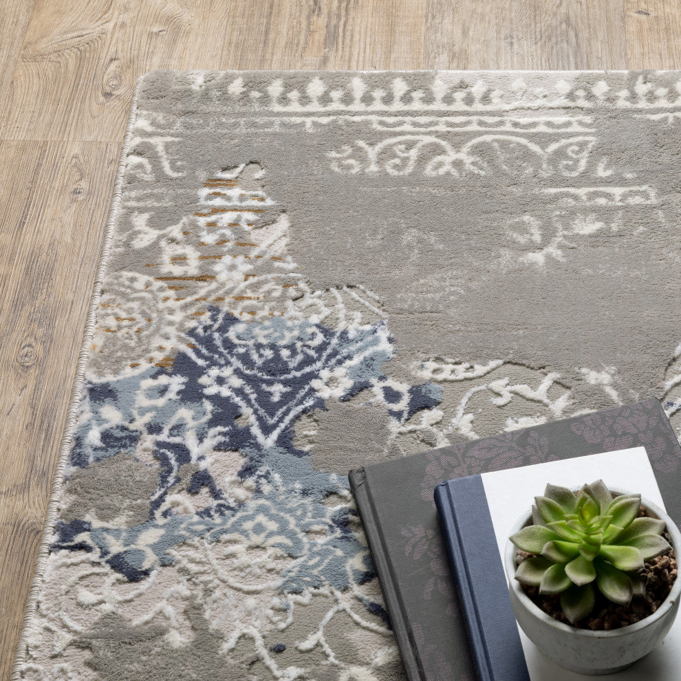 Emery Abstract Objects Grey/Blue Indoor Area Rug, 6'7" x 9'6"