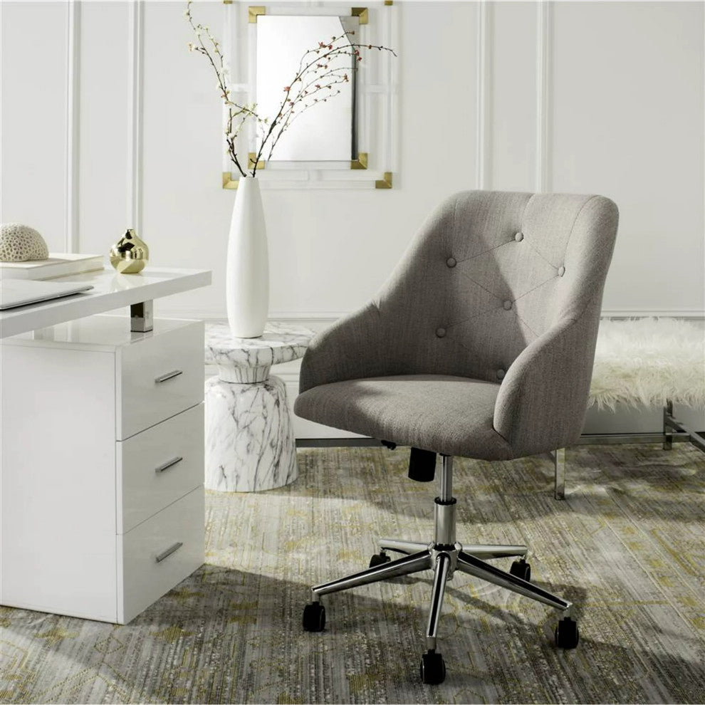 Transitional Office Chair, Chrome Base With Barrel Velvet Upholstered Seat, Gray