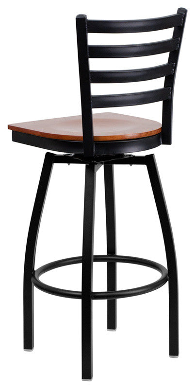 HERCULES Series Black Ladder Back Swivel Metal Barstool, Cherry Wood Seat