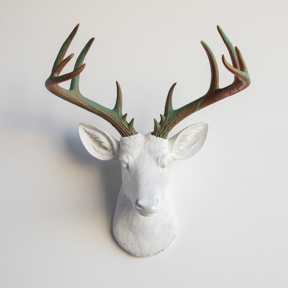Faux Deer Head Wall Mount - 14 Point Stag Head Antlers, White and Green Patina