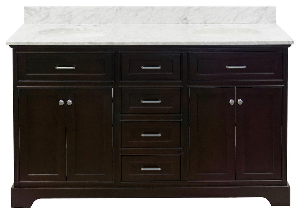 Aria 60" Bathroom Vanity, Chocolate, Carrara Marble, Double Vanity
