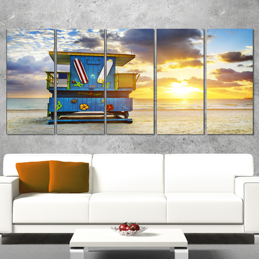 Miami South Beach Sunrise, Large Seashore Canvas Wall Art, 60"x28", 5 Panels