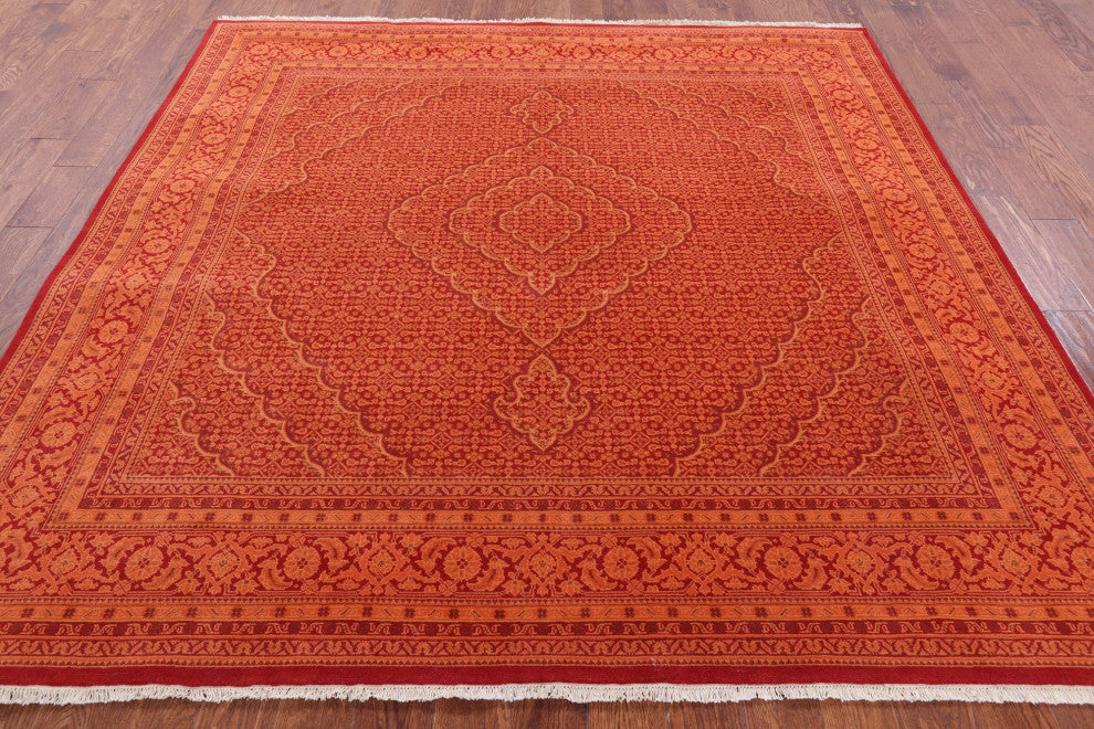 8' Square Wool & Silk Persian Tabriz Hand Knotted Rug - Q13007