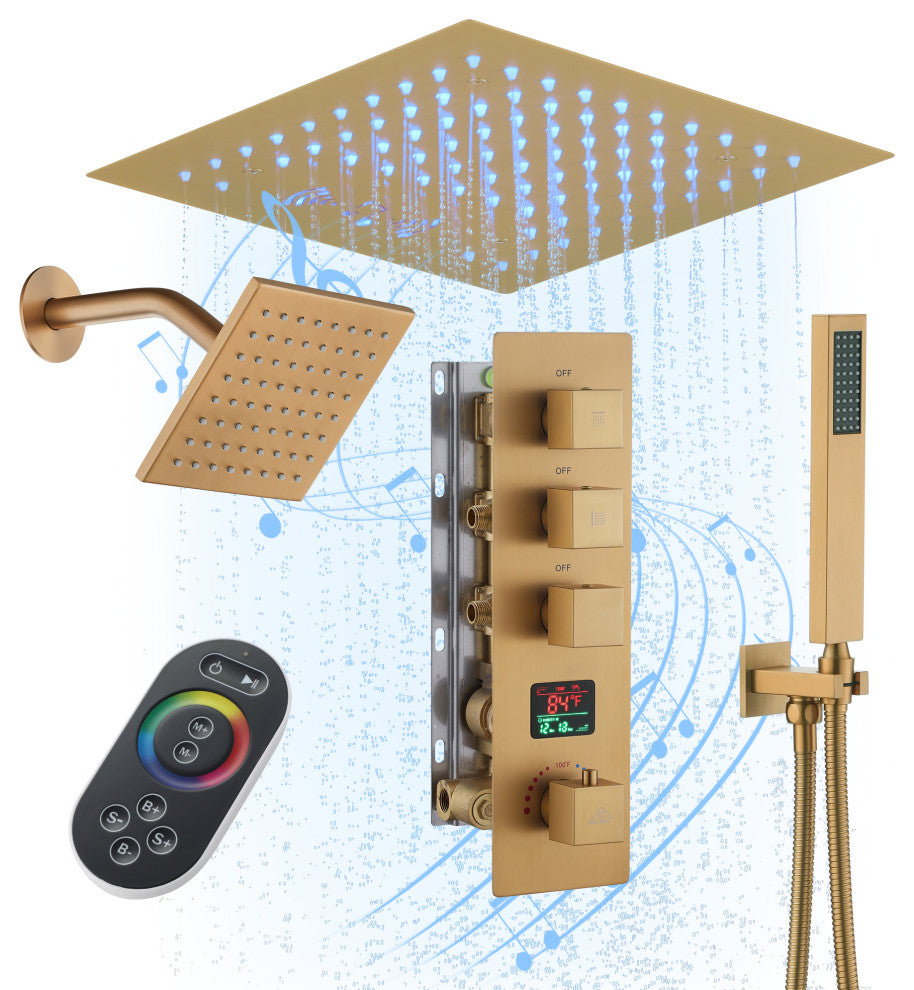 12inch Luxury Shower Dual Shower Head System With LED Light and Bluetooth, Brushed Gold