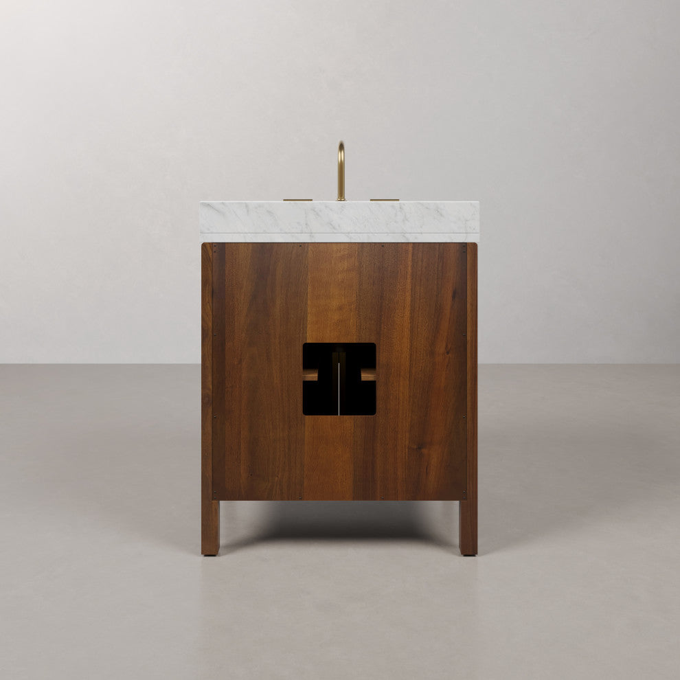 Ferrero Marble Top Bath Vanity, Nori Juglans, 30, Single Sink, Satin Gold Faucet