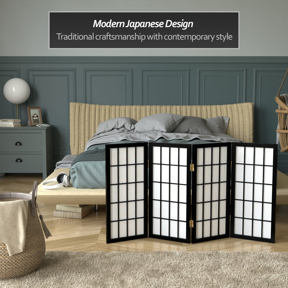 2' Tall Desktop Window Pane Shoji Screen, Black, 4 Panels