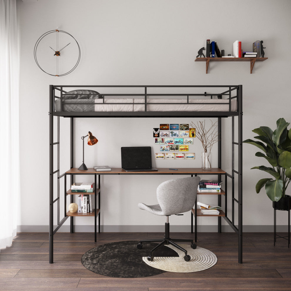 Gewnee Twin-size Loft Bed with Table & Shelves
