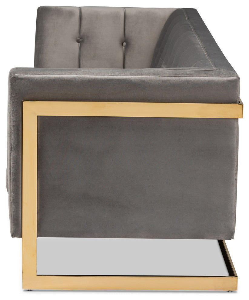 Rolland Gray Velvet Upholstered and Button Tufted Sofa With Gold-Tone Frame