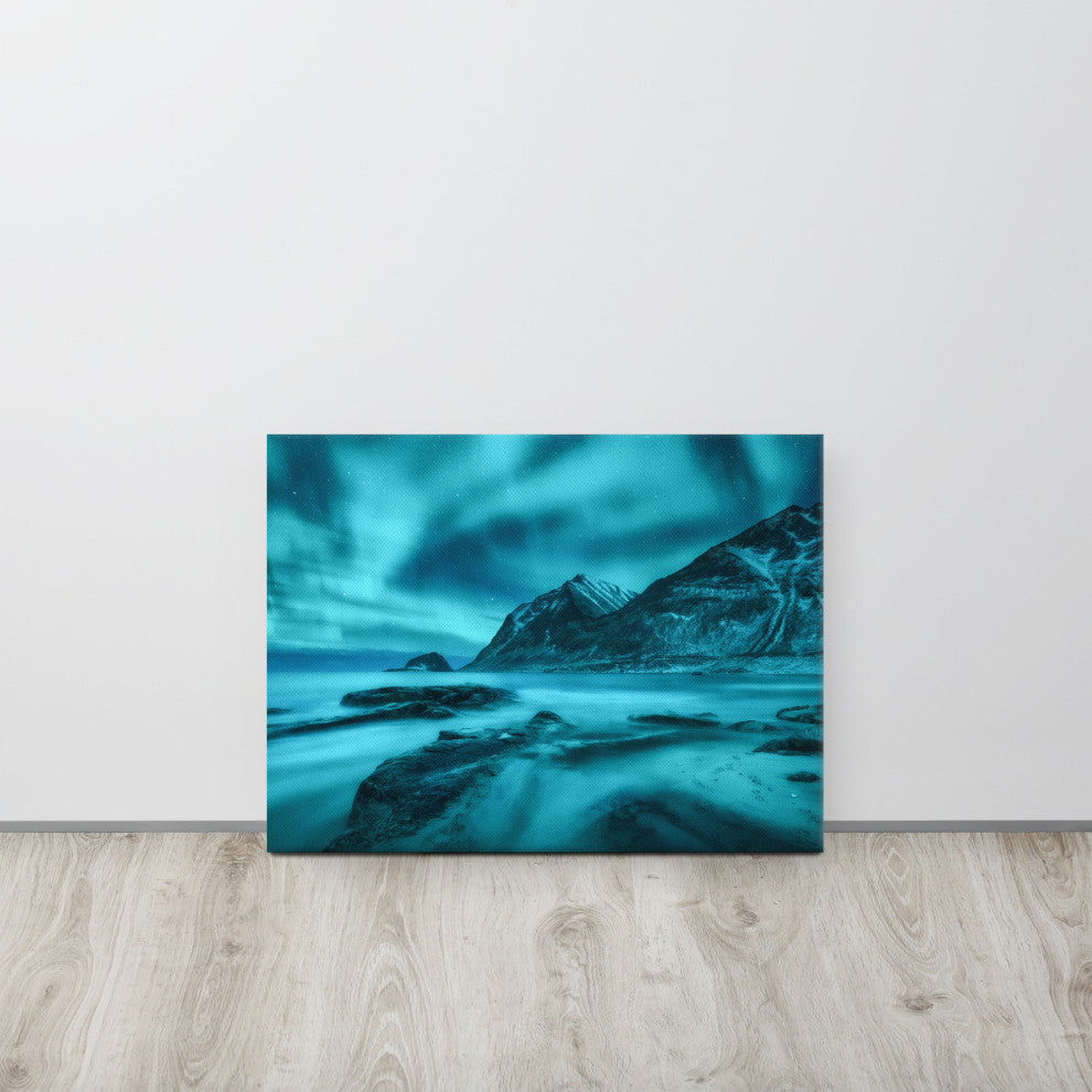 Blue Northern Lights and Mountain Coast Landscape Photo Canvas Wall Art Prints, 18" X 24"
