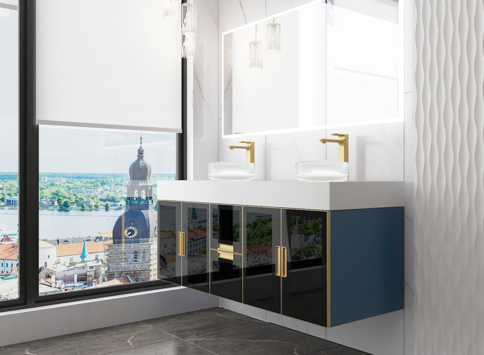 Modern Wall-Mount Vanity With Top & 16" Ribbed Sink, Top Gold, 60"