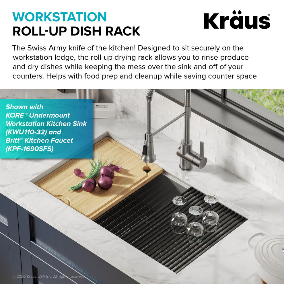 Kraus KRM-11DG Multipurpose Workstation Sink Roll-Up Dish Drying Rack Dark Grey