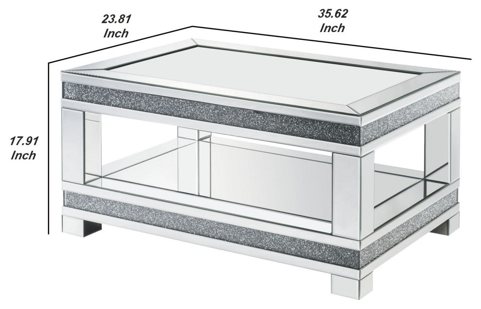 Benzara BM252335 Coffee Table With Open Shelf and Mirror Panels, Silver