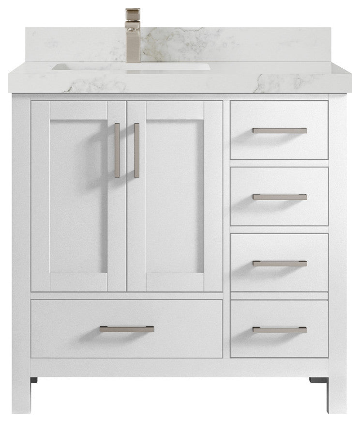 Malibu 36 Left Offset Bath Vanity in White  2" Calacatta Nuvo