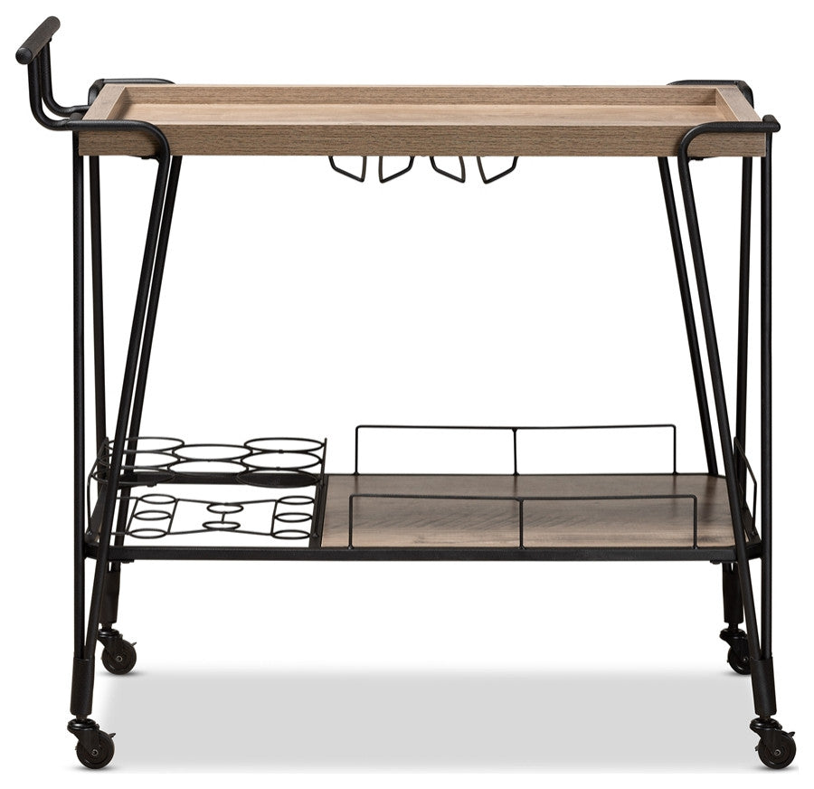 Modern Rustic Oak Brown Finished Wood Metal 2- Tier Wine Serving Cart