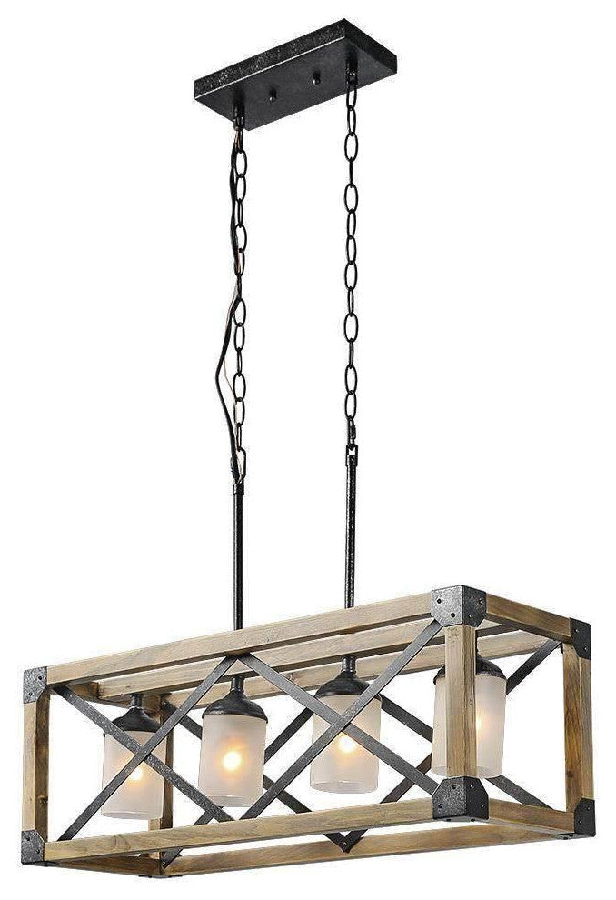 LNC 4-Light Farmhouse Distressed Wood Linear Kitchen Island Light, Frosted Glass Shade
