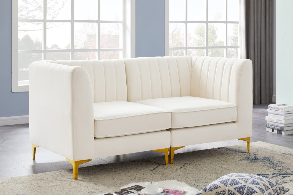 Alina Velvet Upholstered 2-Piece Modular Sofa, Cream