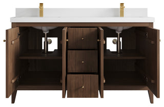 Atlanta Teak 60" Double Sink Bath Vanity, Dark Natural 2" White Quartz