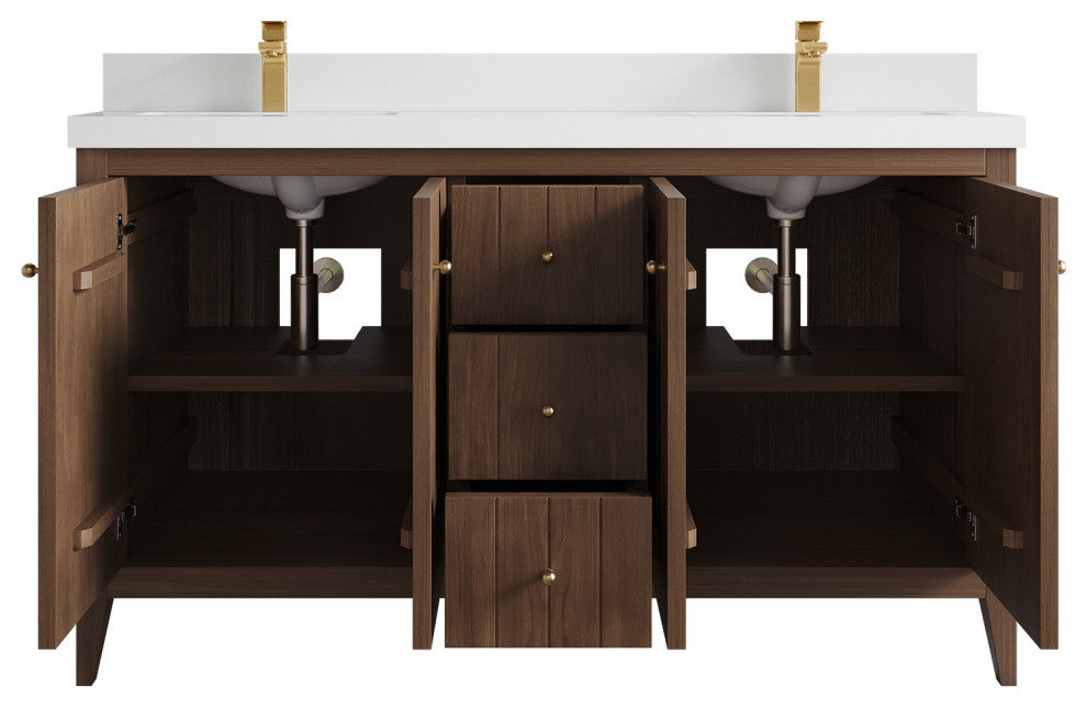Atlanta Teak 60" Double Sink Bath Vanity, Dark Natural 2" White Quartz