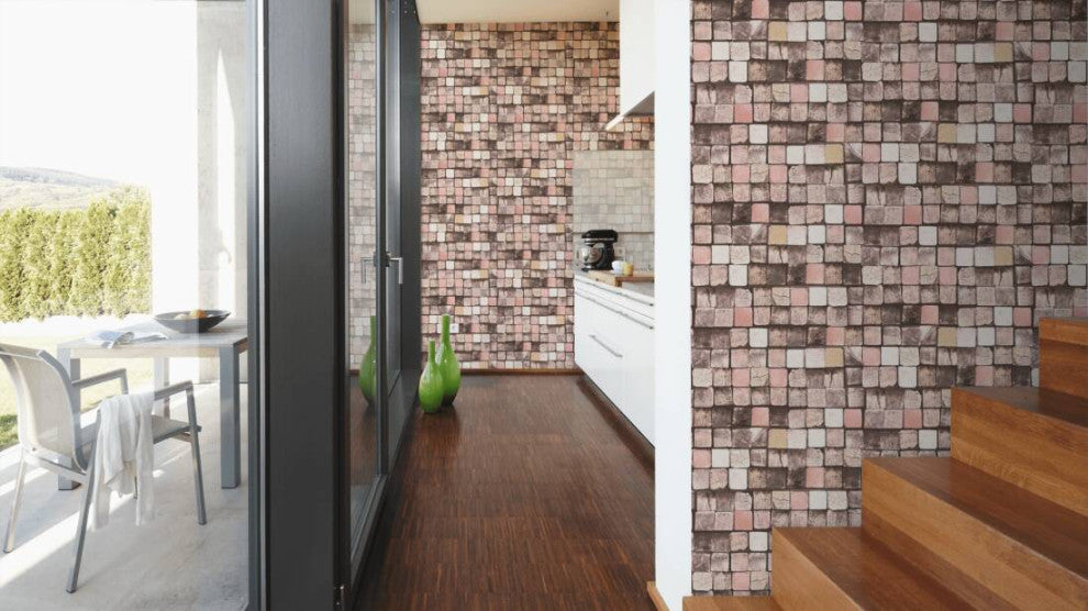 Faux Textured Wallpaper, Wood Mozaic, Brown Cream Pink, Sample