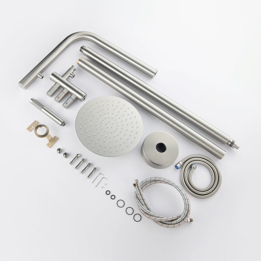 84.65" H Brass Free Standing Outdoor Shower, Brushed Nickel