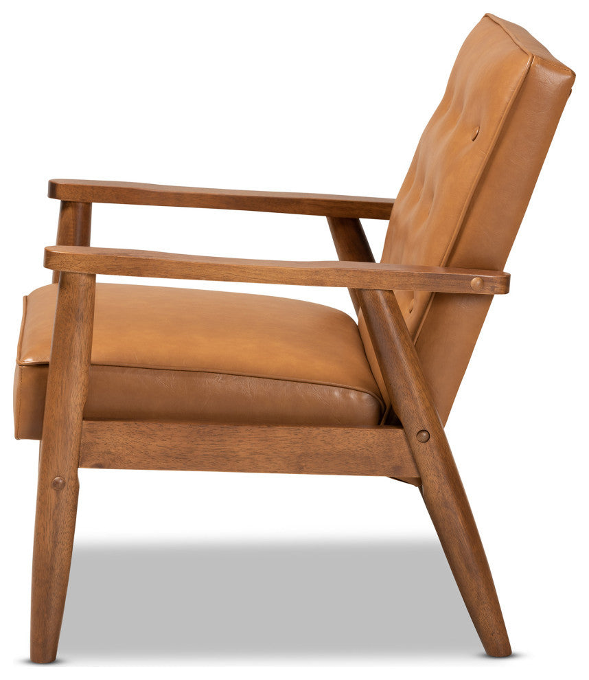 Sorrento Mid-Century Tan Faux Leather and Walnut Wood Lounge Chair