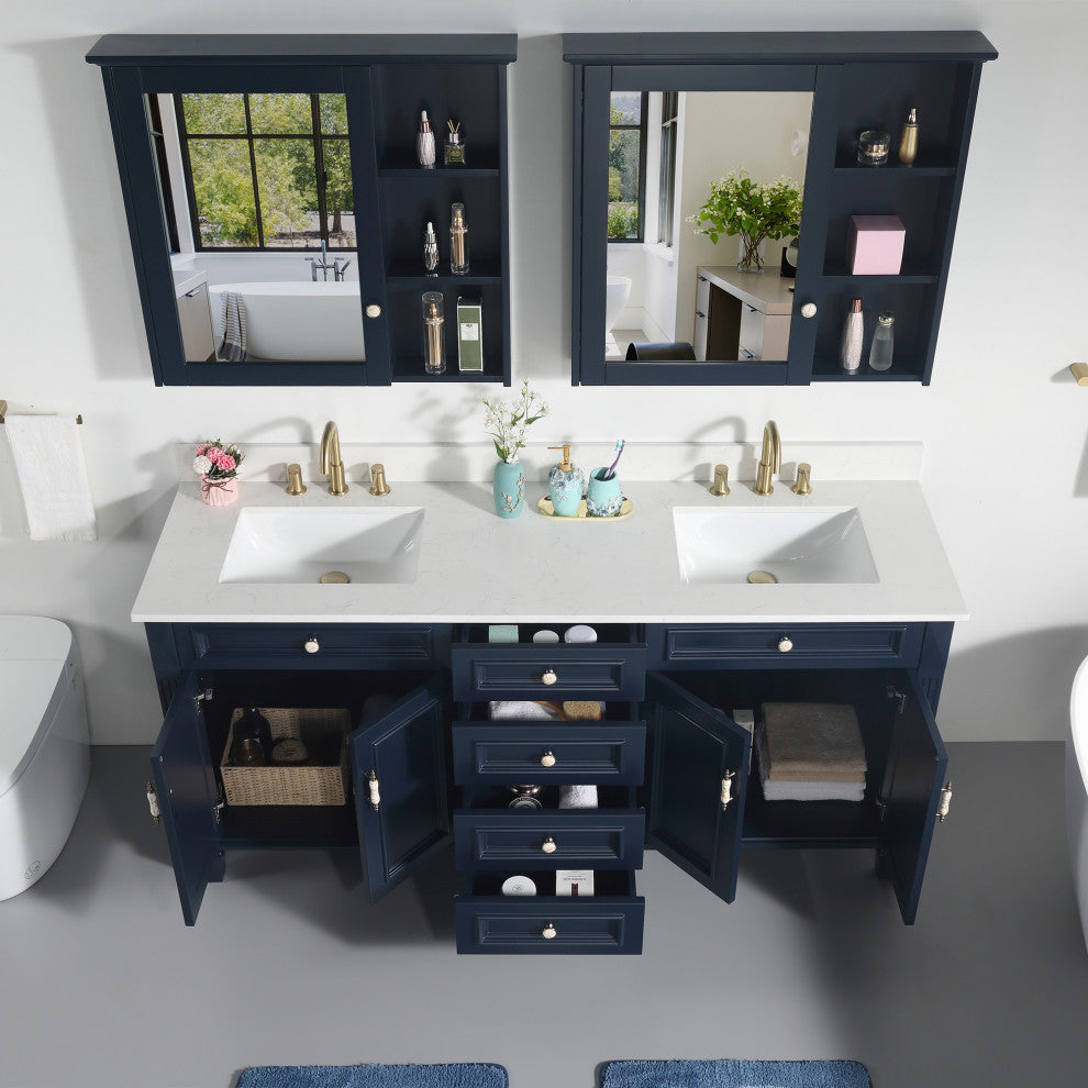 Solid Wood Bathroom Vanity with Quartz Top and cUPC Certified Sink, Navy Blue, 72 Inch