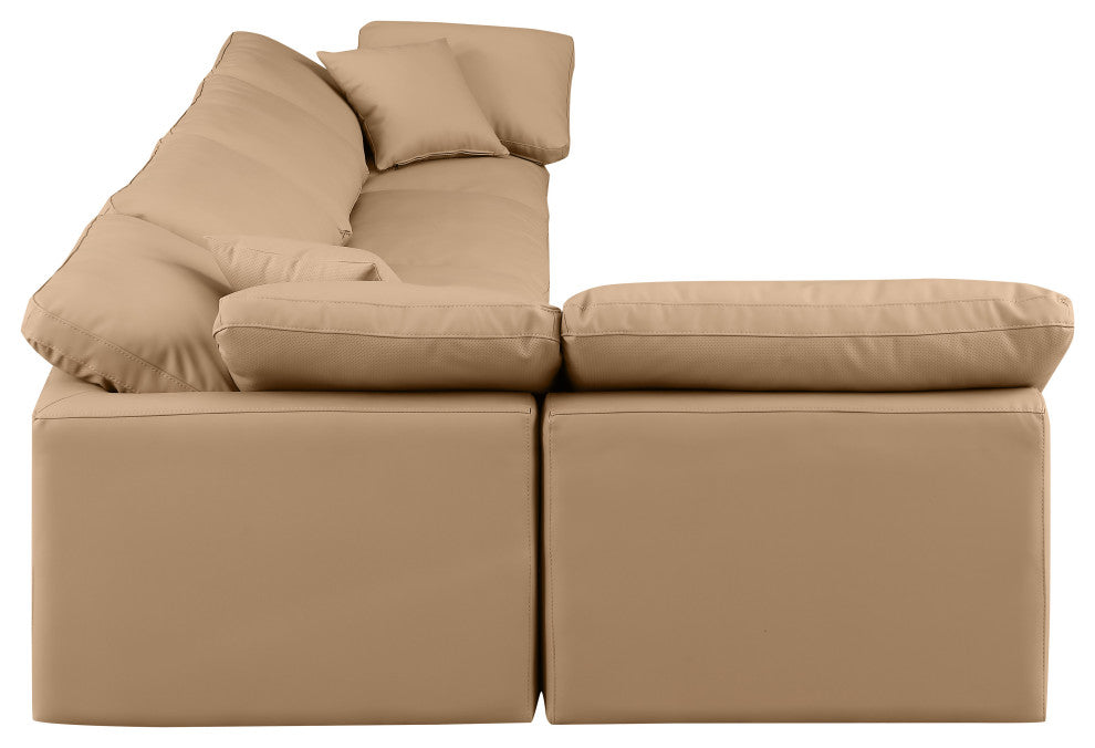 Indulge Upholstered Modular L-Shaped Sectional, Tan, 5-Piece: 3 Armless Chair, 2 Corner Chair, Fiber Stuffed Vegan Leather