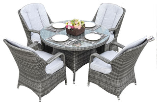 5-Piece Wicker Outdoor Round Dining Set with Grey Cushions