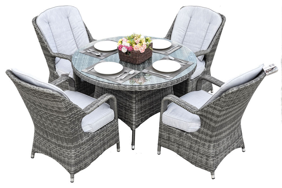 5-Piece Wicker Outdoor Round Dining Set with Grey Cushions
