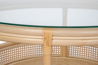 Rattan Cane Round 2-Tier Shelf Coffee Table Glass Top