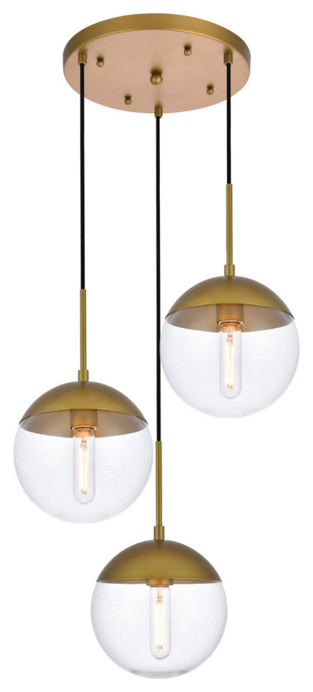 Eclipse 3 Light Pendant, Brass And Clear