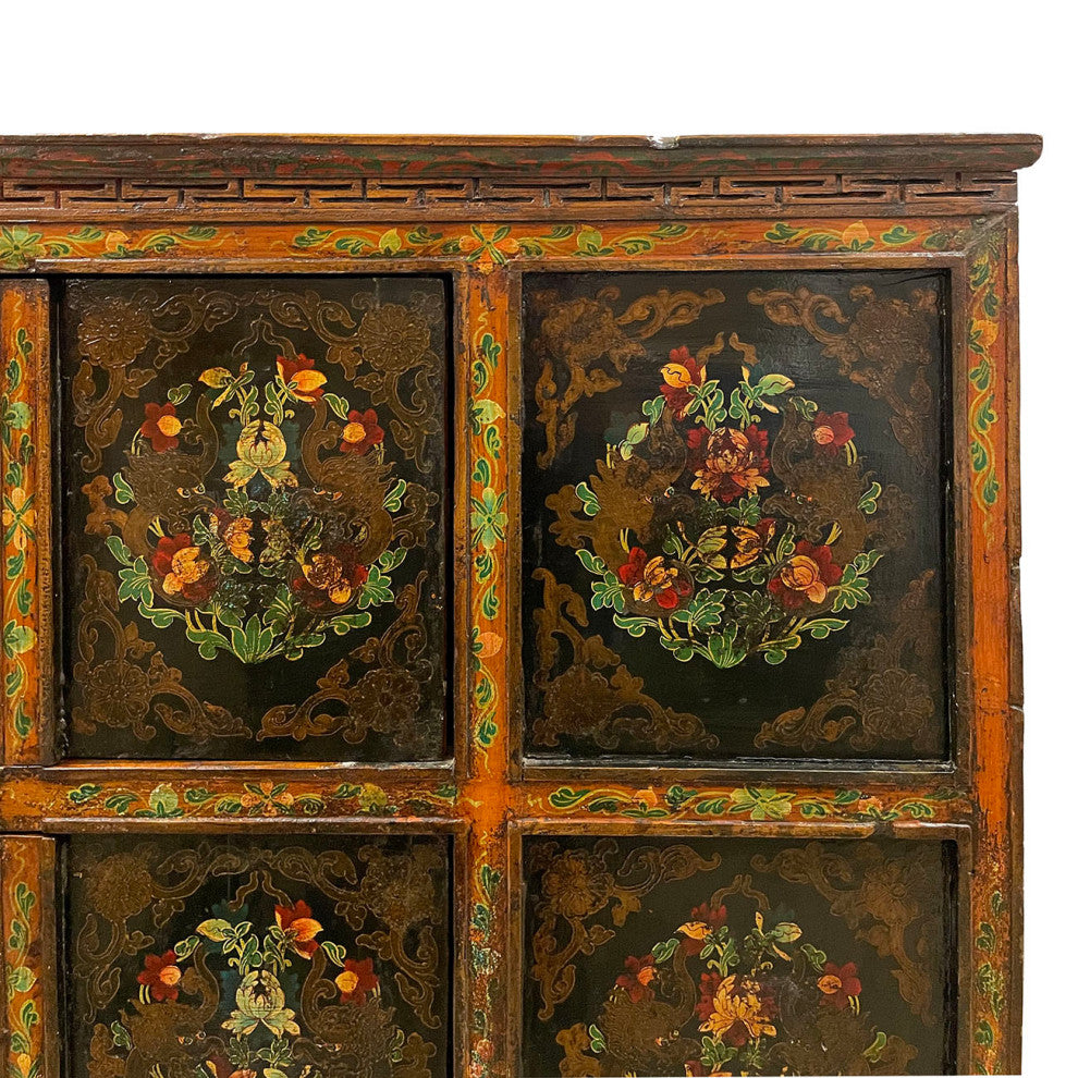 Consigned 19th Century Antique Tibetan Hand Painted Credenza Storage Cabinet