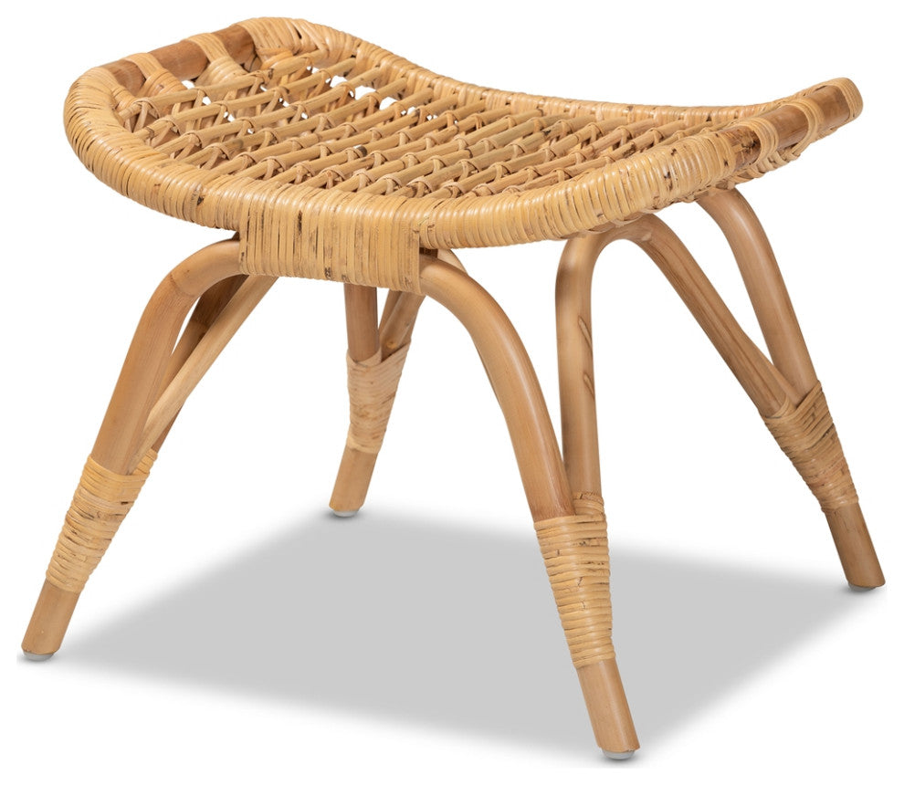 Modern Bohemian Natural Brown Rattan Ottoman