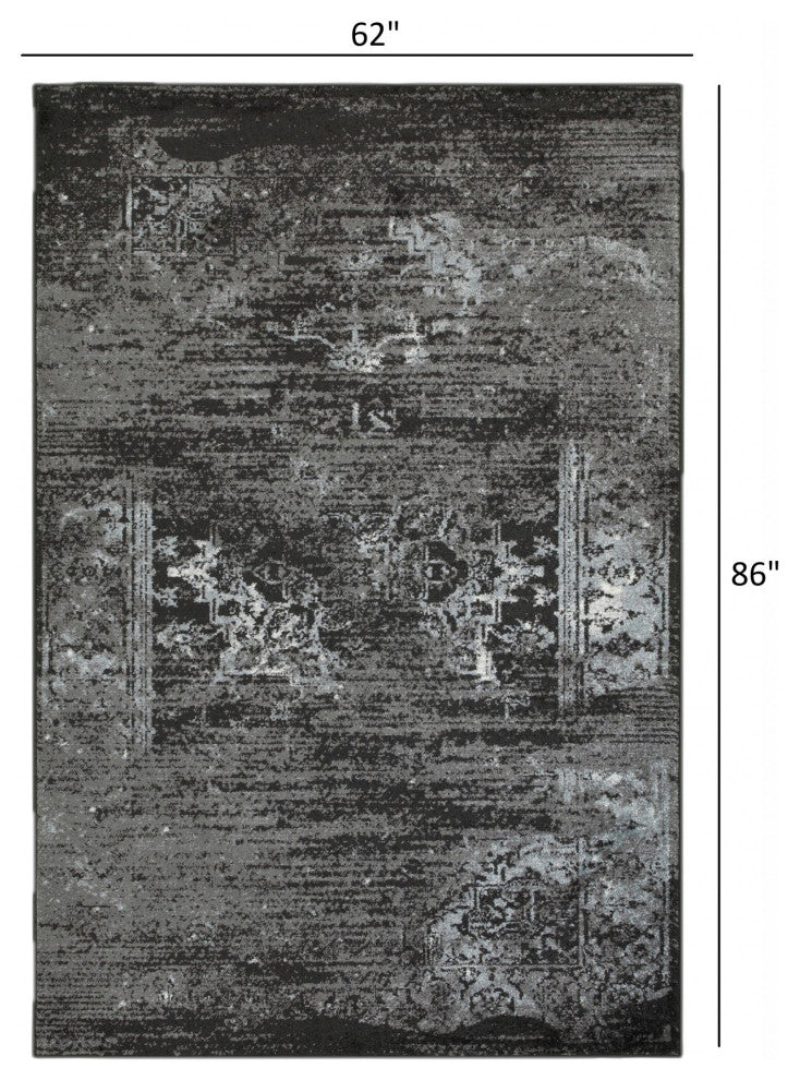 5" x 7" Black Distressed Abstract Area Rug