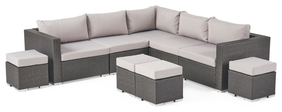 GDF Studio Tammy Rosa Outdoor 5 Seat Wicker Sectional Sofa Set, Gray/Silver