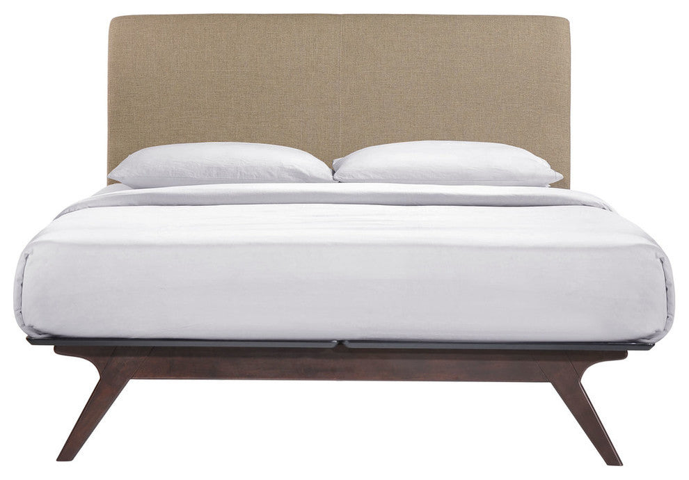 Modern Contemporary Wood Bed Frame, Latte Fabric, Queen Size