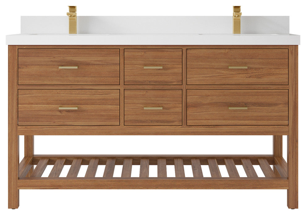 Parker Teak 60" Double Sink Vanity, Golden Teak, 2" White Quartz
