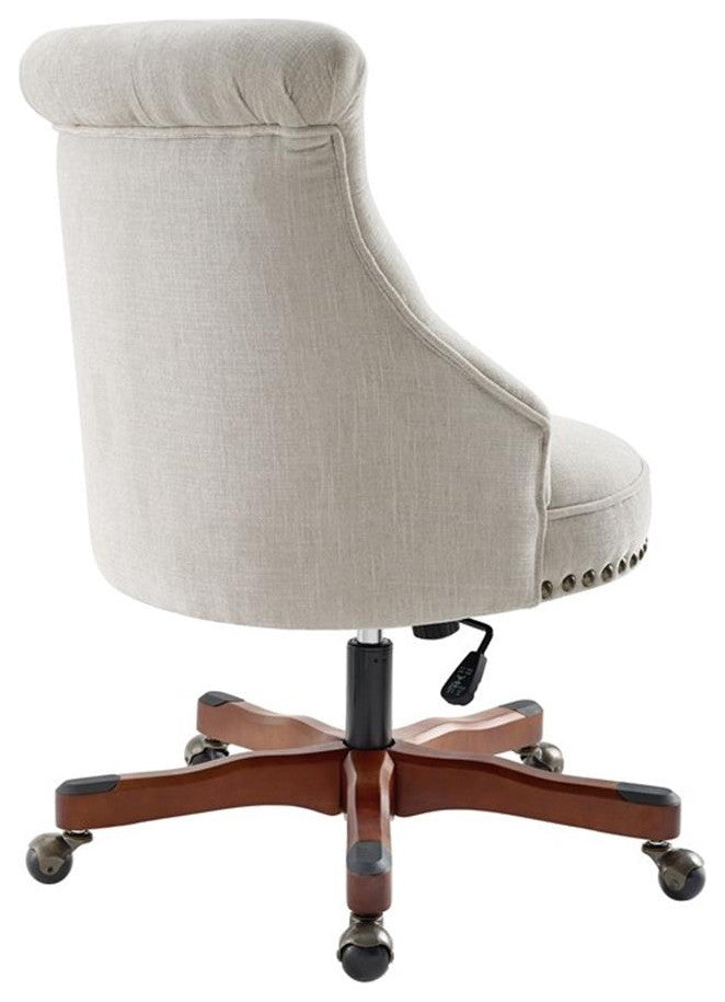 Linon Sinclair Upholstered Office Chair Wood Base with Wheels in Natural Beige