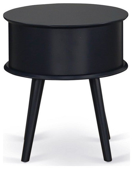 Gordon Round Night Stand End Table With Drawer, Black Finish