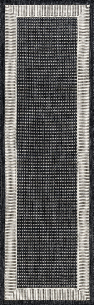 Elgin Transitional Striped Border Black/Cream Indoor/Outdoor Runner Rug, 2'x7'