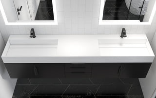 CastelloUSA Amazon 84" Wall Mounted Bathroom Vanity Set, Black, White Top, Black Handles