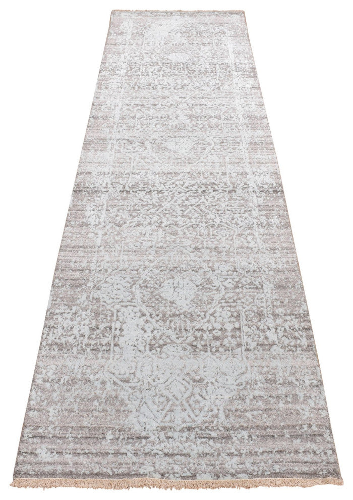 Green Erased Persian Design Hand Knotted Wool and Silk Runner Rug 2'6"x10'