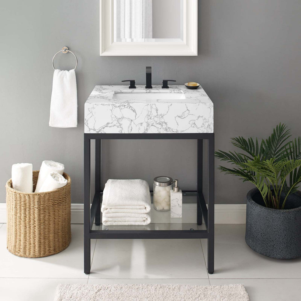 Sink Vanity Cabinet, Artificial Marble, Metal, Black White, Modern, Bathroom