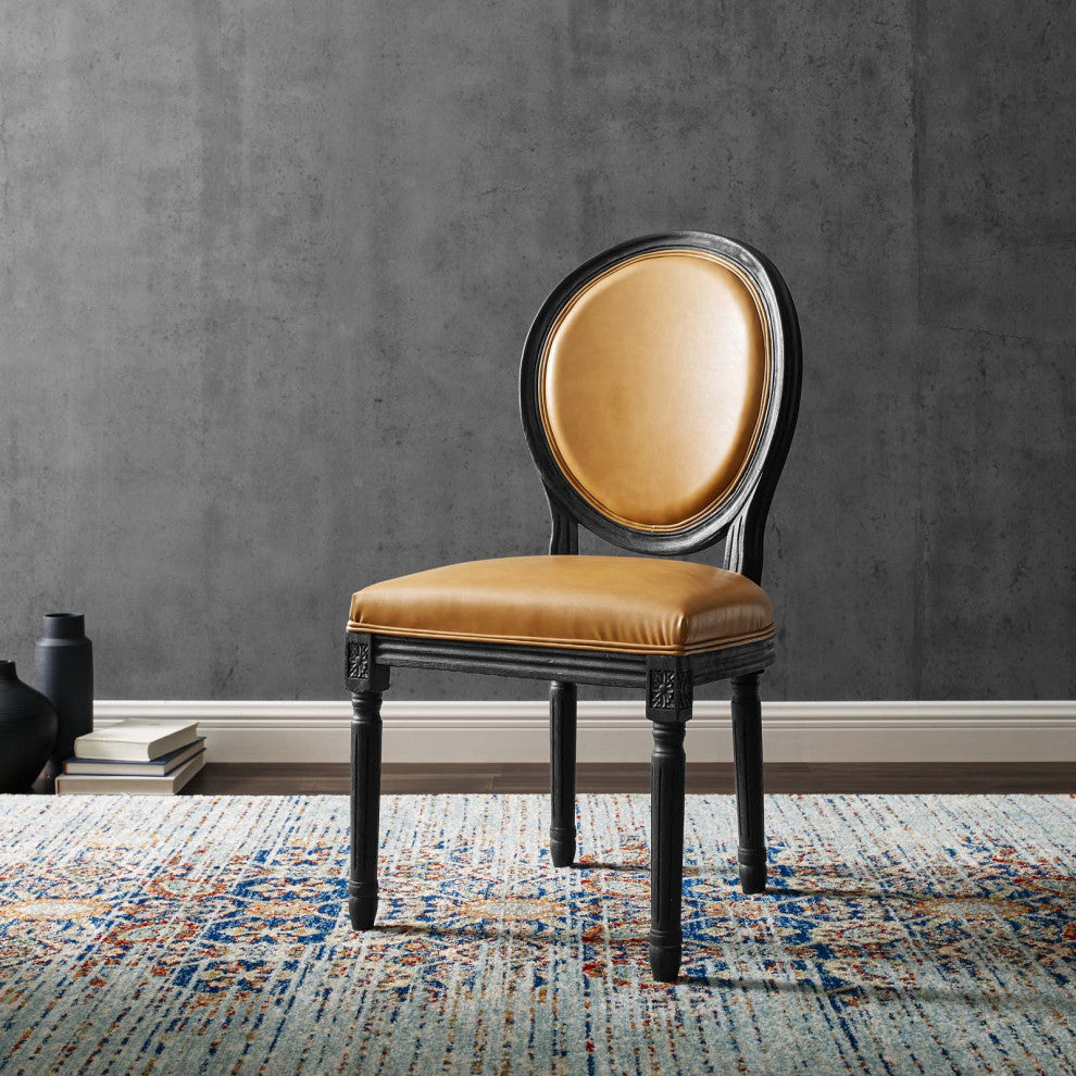 French Vintage Side Dining Chair, Faux Vegan Leather, Wood, Black Tan, Modern