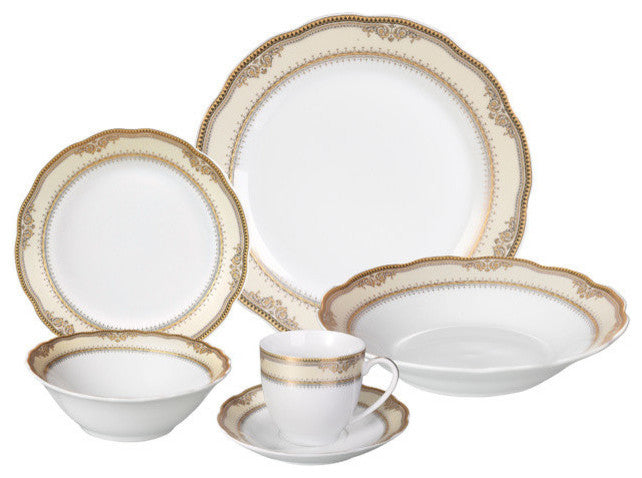 24 Piece Fine Wavy Edge Porcelain Dinnerware Set, Amelia design, Isabella