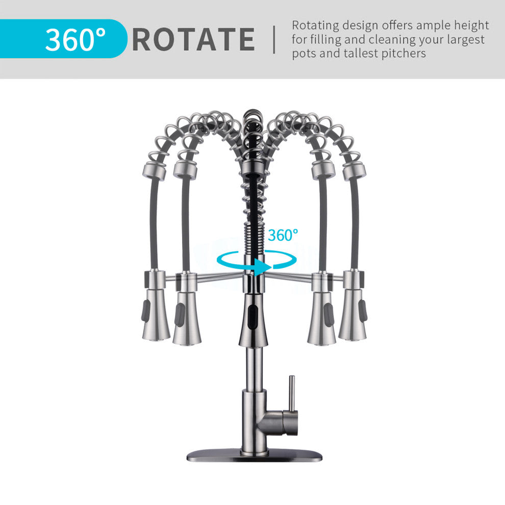 Commercial Modern Single Handle Spring High Arc Kitchen Faucet, Brushed Nickel