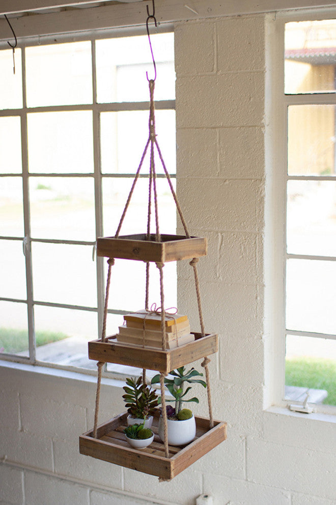 Kalalou Ccha1009 Hanging Three Tiered Sq Recycled Wood Display W Jute Rope