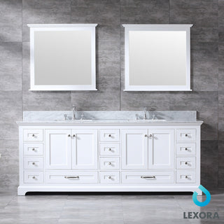 84" White Double Vanity, White Carrara Marble Top, White Sinks and 34" Mirrors